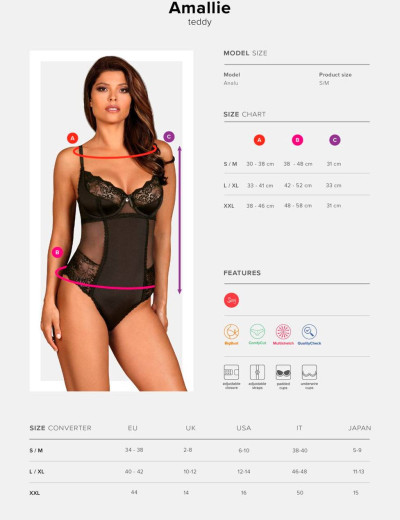 Соблазнительное боди Obsessive AMALLIE TEDDY, Цвет: черный, Размеры: S/M, изображение 6
