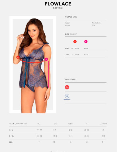Бэби-долл с трусиками Obsessive FLOWLACE BABYDOLL, Цвет: синий, Размеры: L/XL, изображение 5
