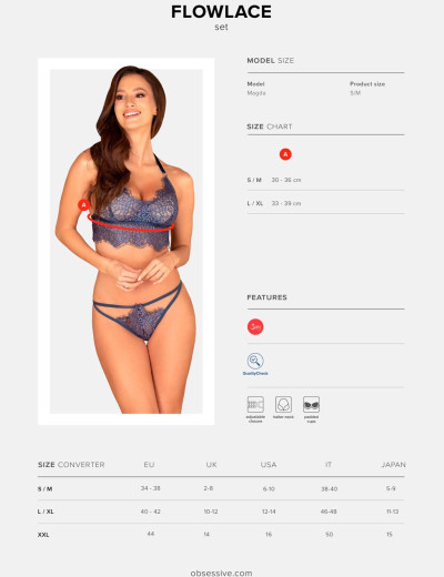 Сексуальный комплект Obsessive FLOWLACE SET, Цвет: синий, Размеры: S/M, изображение 5