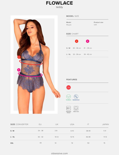 Соблазнительное боди Obsessive FLOWLACE TEDDY, Цвет: синий, Размеры: L/XL, изображение 5