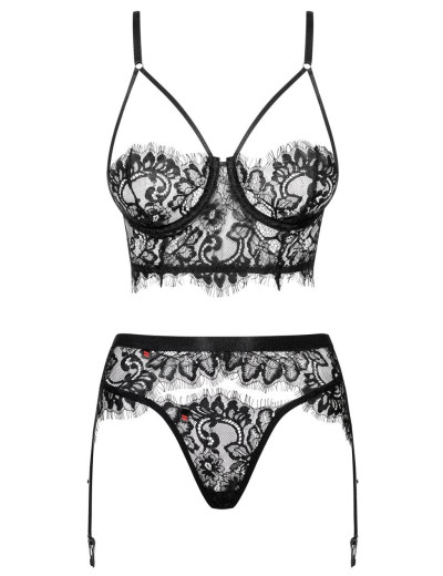 Кружевной комплект из трех предметов Obsessive LASHY SET, Цвет: черный, Размеры: L/XL, изображение 3