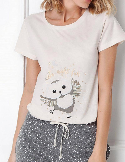 Хлопковая пижама с шортами Aruelle OWELLA, Цвет: экрю/серый, Размеры: XS, изображение 2