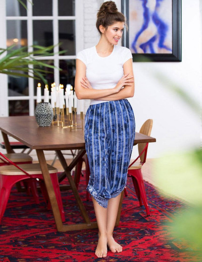 Широкие брюки с хлястиком Mia-Mia DOLCE VITA 16245 принт 201 «снежинки на синем», Цвет: принт 201, Размеры: M, изображение 2