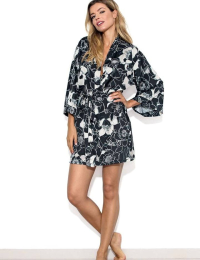 Атласный халат-кимоно Nipplex FILIPA, Цвет: чёрно-бежевый, Размеры: S, изображение 2