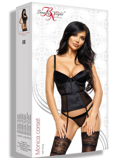 Корсет с пажами для чулок + стринги Beauty Night MONICA CORSET, Цвет: черный, Размеры: L/XL, изображение 4