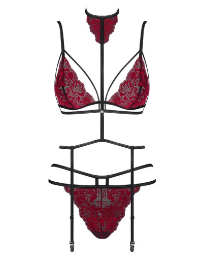 Кружевной комплект тройка Obsessive SUGESTINA SET, Цвет: черно-красный, Размеры: L/XL, изображение 3