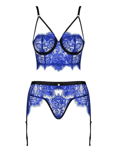 Кружевной комплект с поясом для чулок Obsessive COBALTESS SET, Цвет: синий, Размеры: L/XL, изображение 3