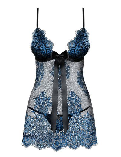 Бэби-долл + стринги Obsessive YASSMYNE BABYDOLL, Цвет: черный/синий, Размеры: L/XL, изображение 3