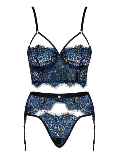 Сексуальный комплект с поясом Obsessive YASSMYNE SET, Цвет: черный/синий, Размеры: S/M, изображение 3